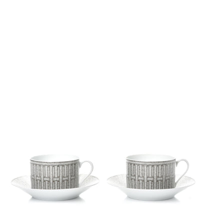 Hermes Porcelain Mosaique Au 24 Breakfast Cup And Saucer Set Of 2 Platine 1 of 27