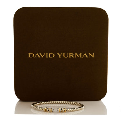 David Yurman Sterling Silver 18K Yellow Gold Diamond 3mm Petite Helena Classic Cable Cuff Bracelet 4 of 4