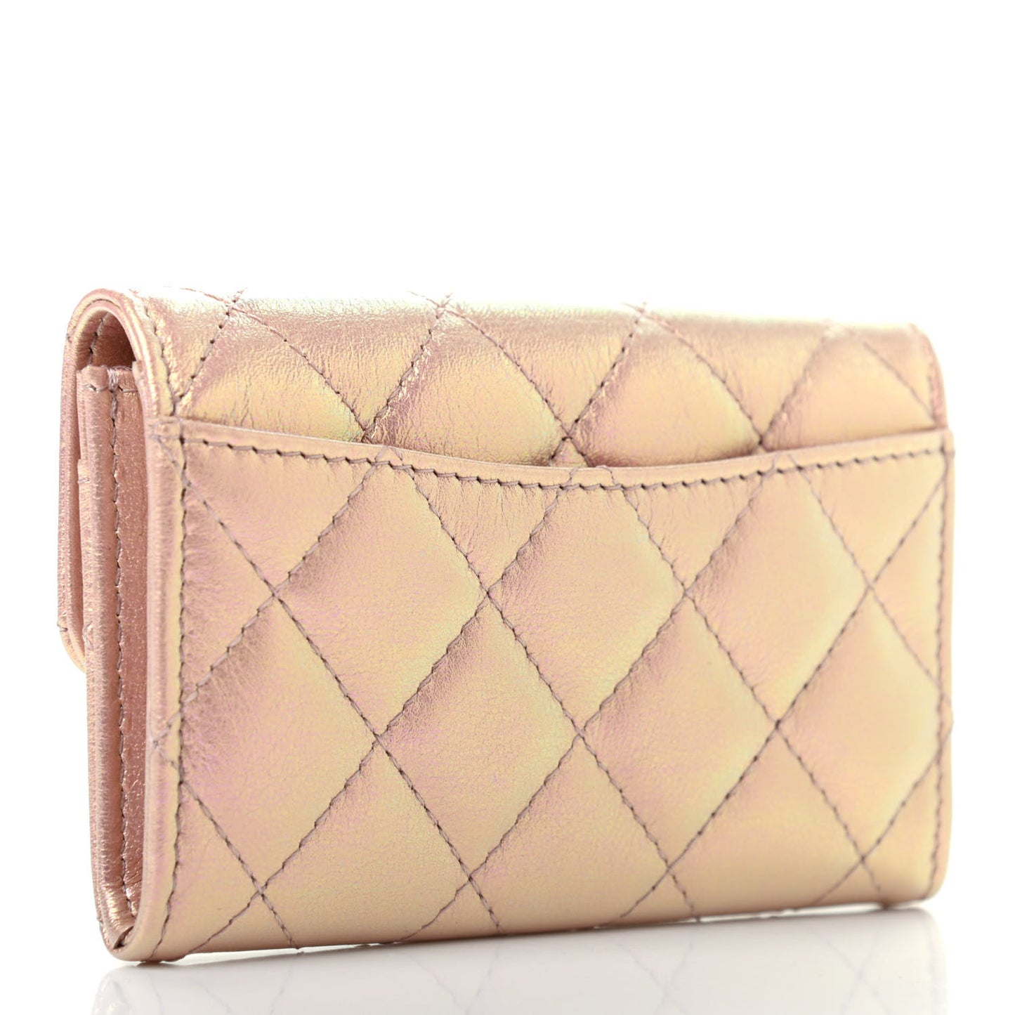 Iridescent Calfskin Quilted Flap Card Holder Wallet Pink