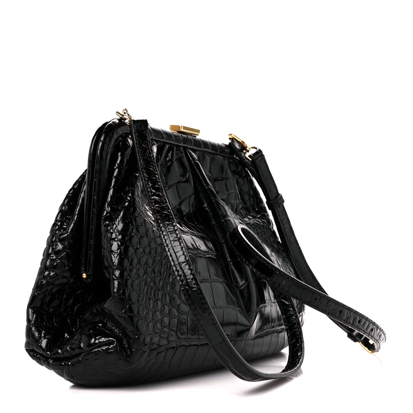 Shiny Supple Calfskin Logo Crocodile Embossed Cloud Crossbody Bag Black White