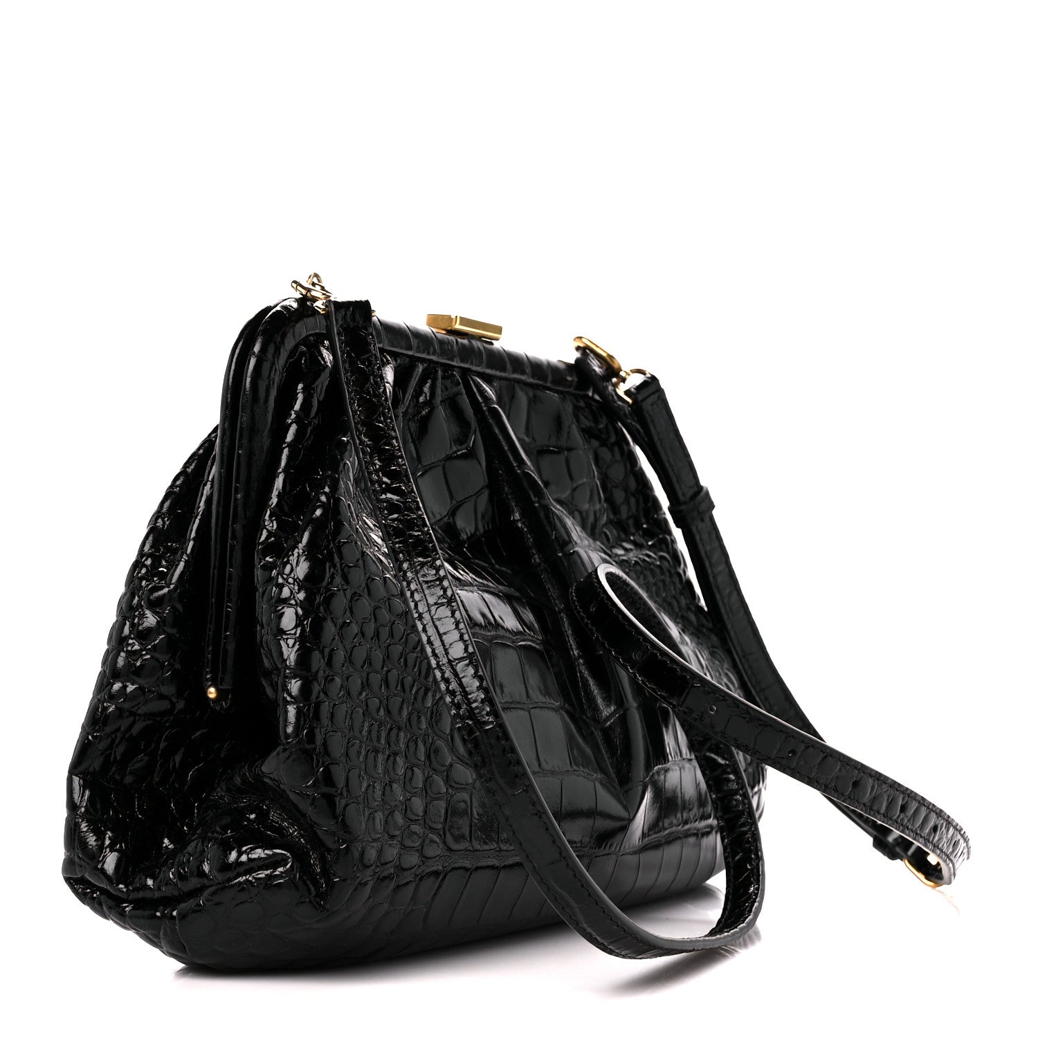 Balenciaga Shiny Supple Calfskin Logo Crocodile Embossed Cloud Crossbody Bag Black White 3 of 11