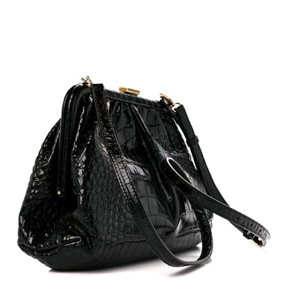 Balenciaga Shiny Supple Calfskin Logo Crocodile Embossed Cloud Crossbody Bag Black White 3 of 11
