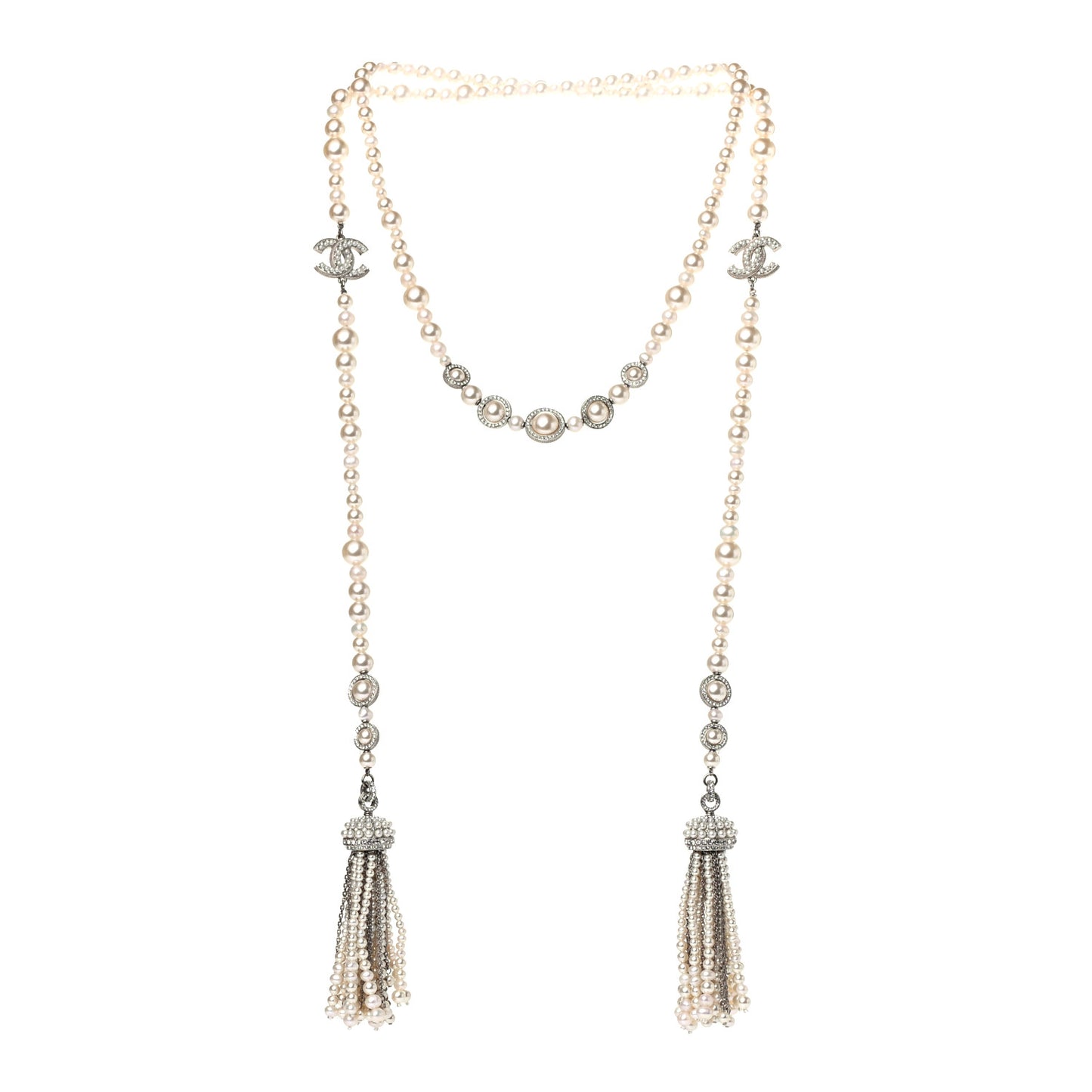 Pearl CC Tassel Long Necklace Silver