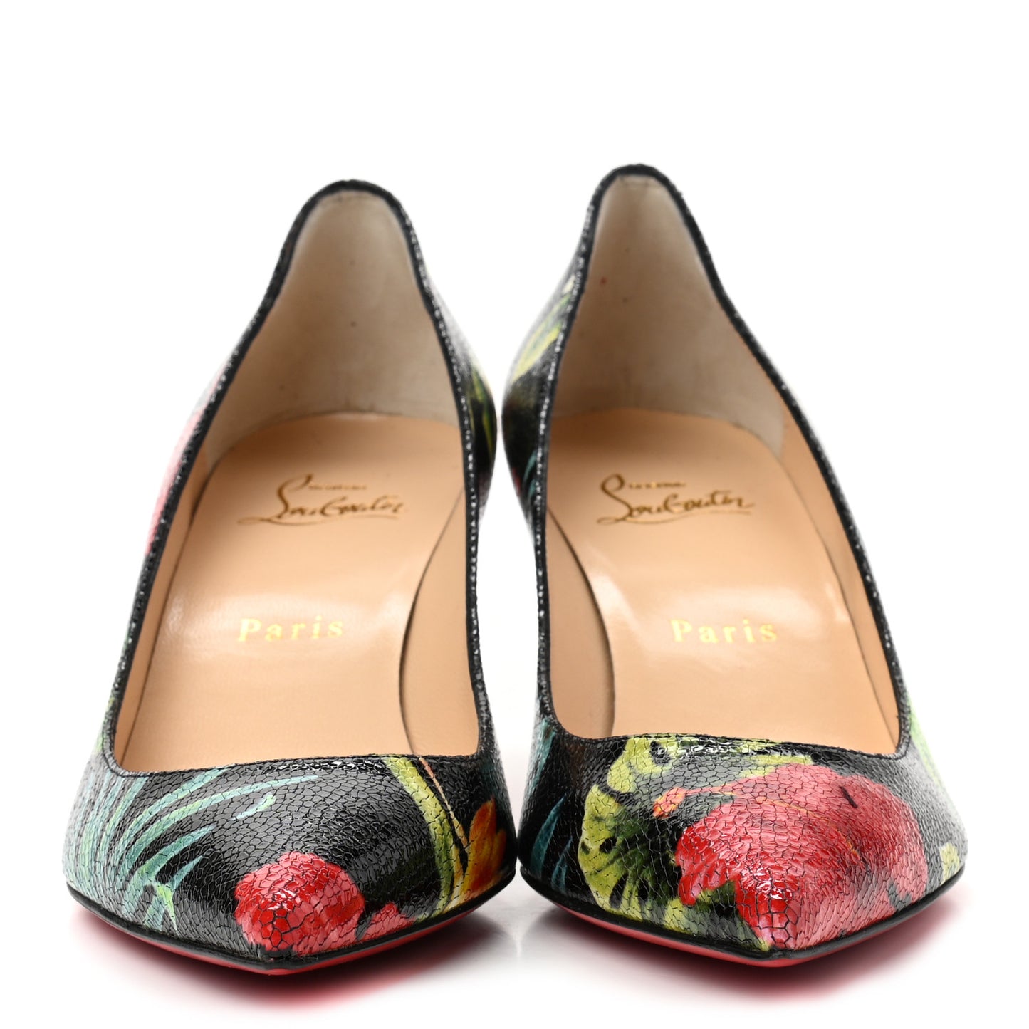 Crackled Calfskin Hawaii Print Pigalle Follies 55 Pumps 37 Black