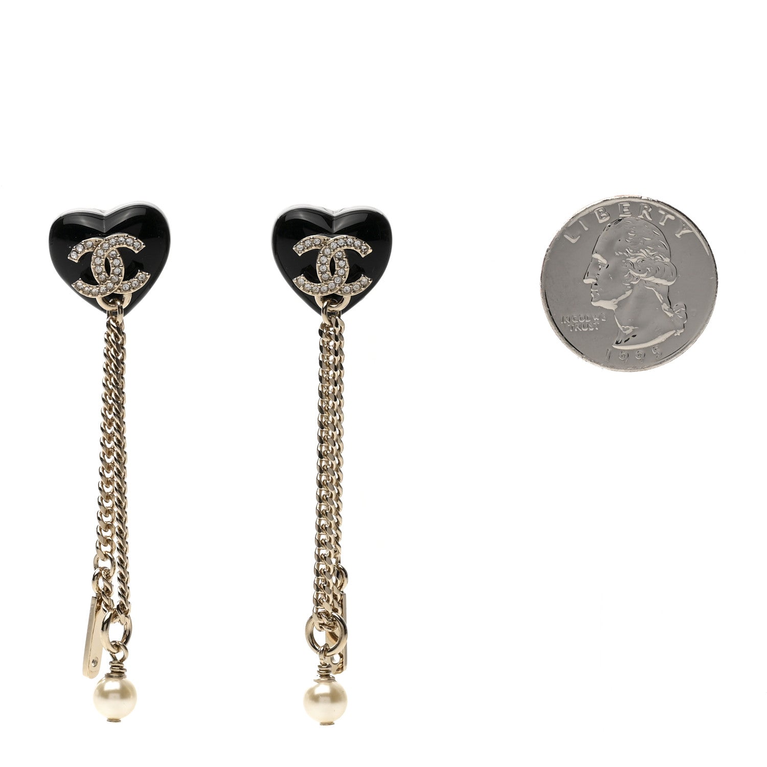 Chanel Resin Crystal Pearl CC Heart Chain Earrings Black Gold 2 of 5