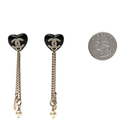 Chanel Resin Crystal Pearl CC Heart Chain Earrings Black Gold 2 of 5