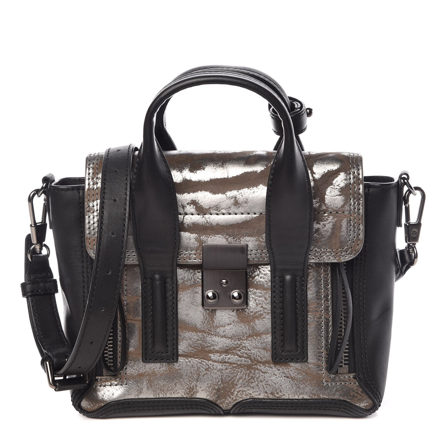 3.1 Phillip Lim 3.1 Metallic Calfskin Shark Embossed Mini Pashli Satchel Black Gunmetal 1 of 10