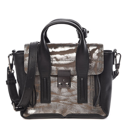 3.1 Phillip Lim 3.1 Metallic Calfskin Shark Embossed Mini Pashli Satchel Black Gunmetal 1 of 10