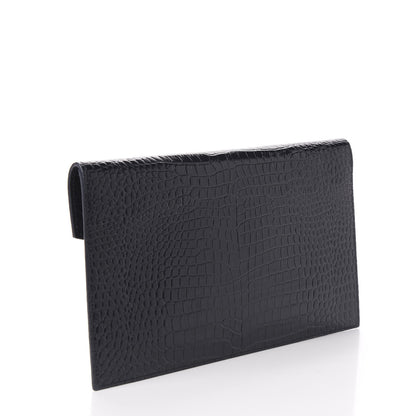 Saint Laurent Calfskin Crocodile Embossed Uptown Monogram Clutch Deep Marine 2 of 9