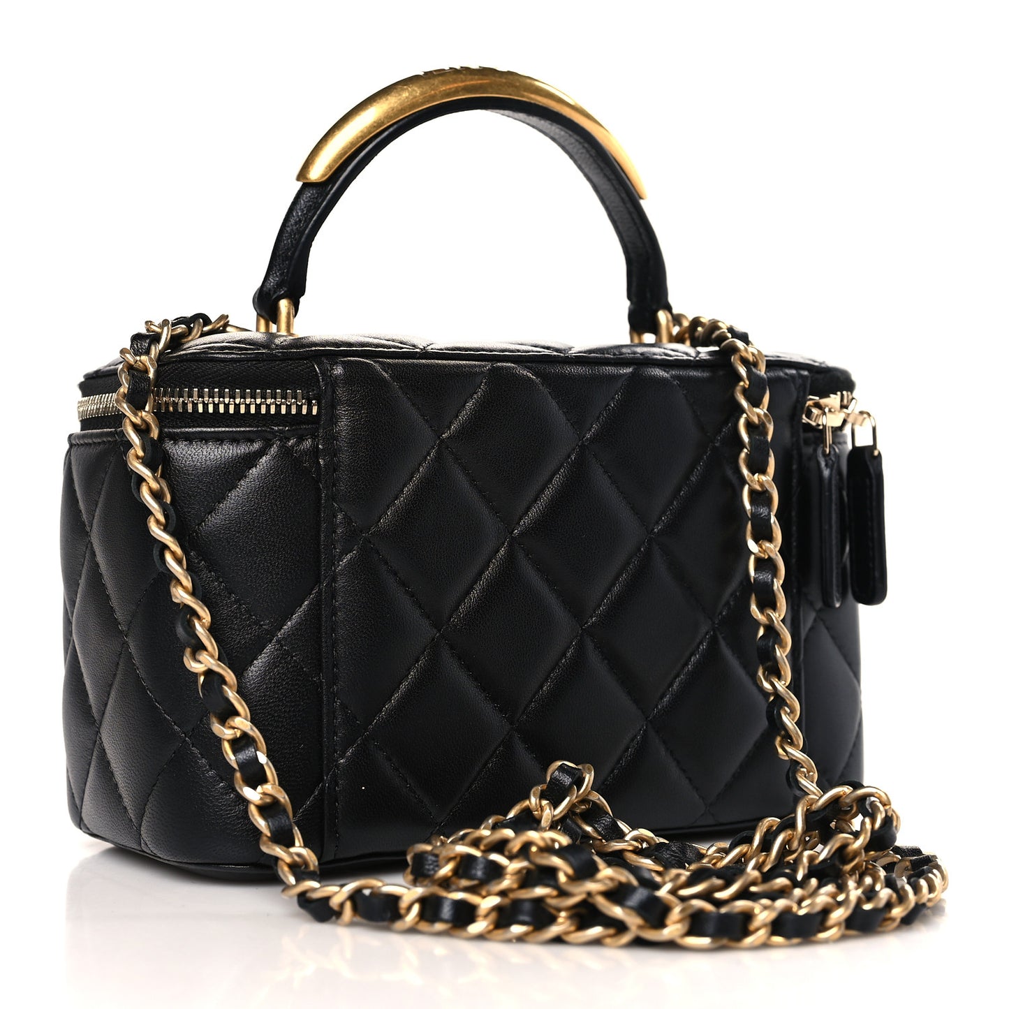 Lambskin Quilted Metal Small Top Handle Vanity Case With Chain Black