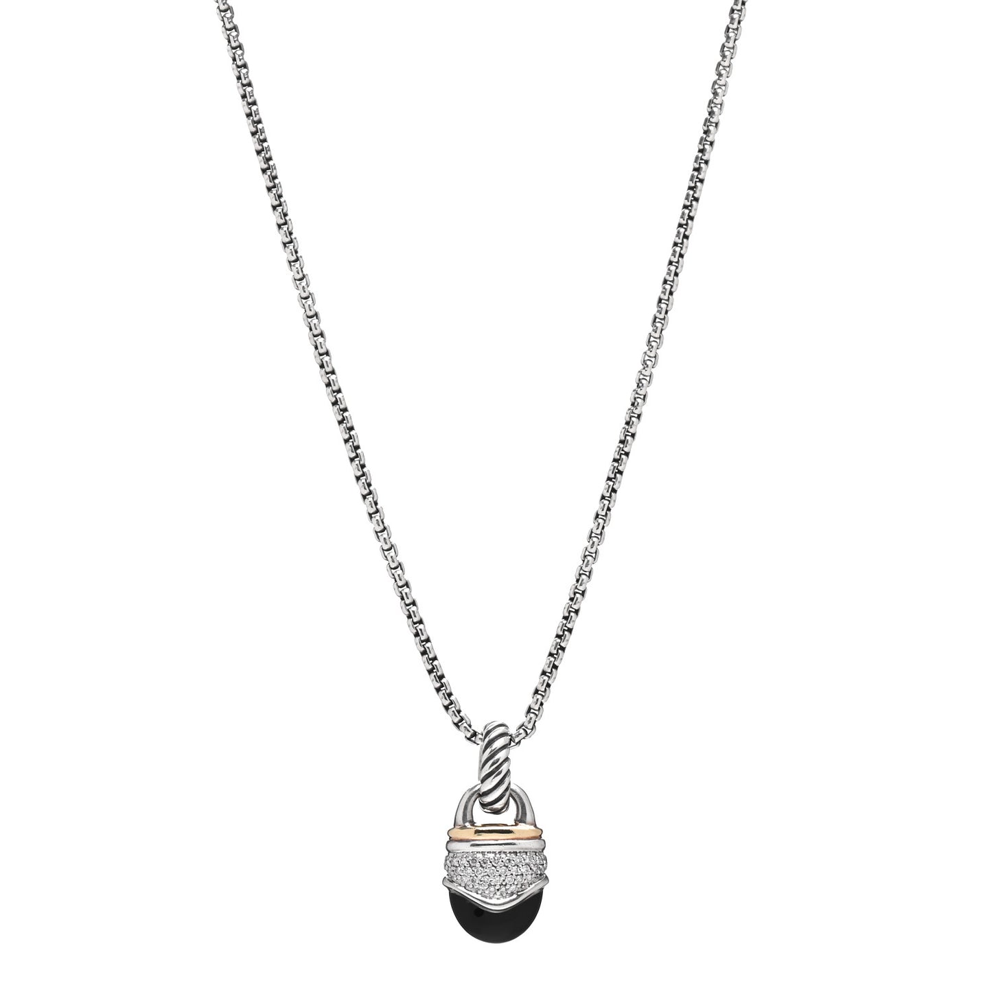 Sterling Silver 18K Yellow Gold Diamond Black Onyx Acorn Pendant Necklace