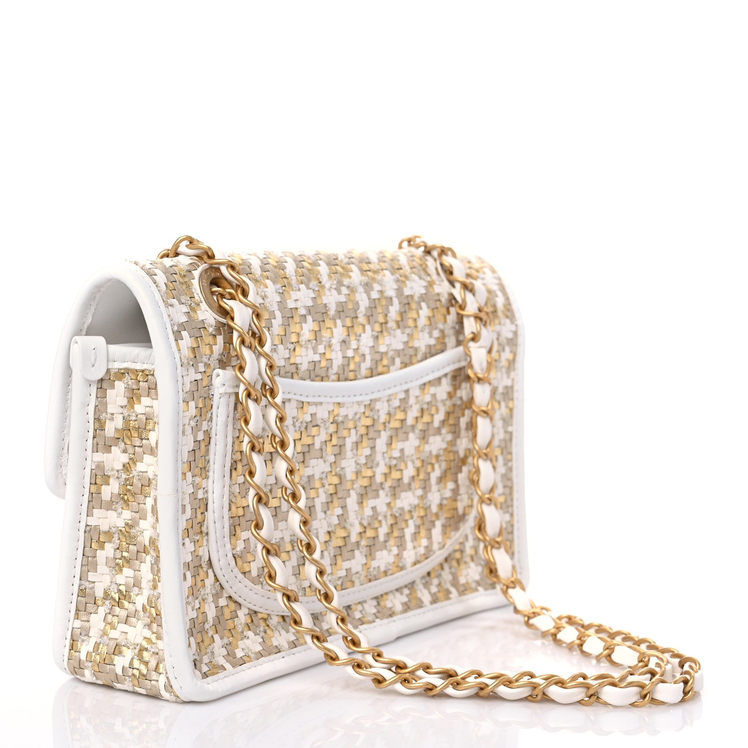 Chanel Metallic Lambskin Viscose Woven Flap Gold White 2 of 8
