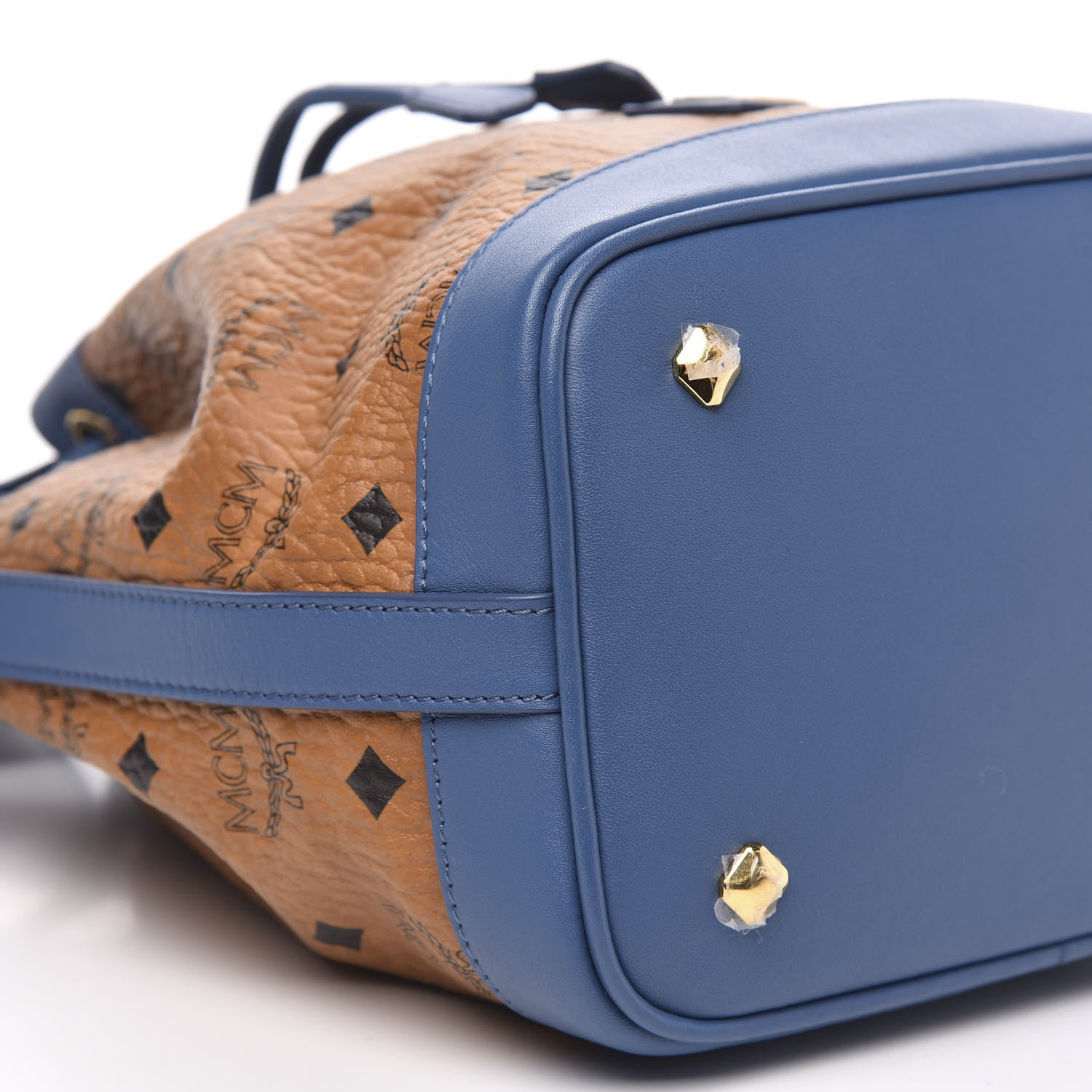 MCM Visetos Small Heritage Drawstring Bucket Bag Cognac Blue 8 of 9
