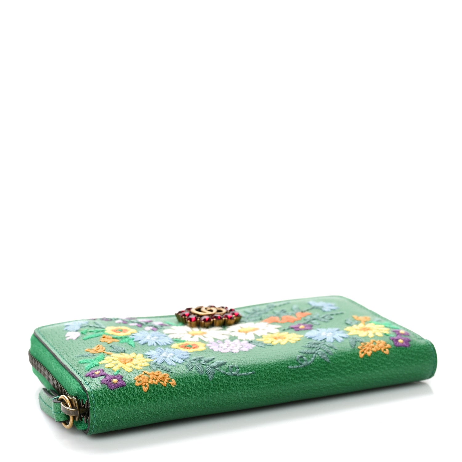 Gucci Textured Calfskin Crystal Fiori Floral Embroidered GG Zip Around Wallet Grass Green 4 of 7