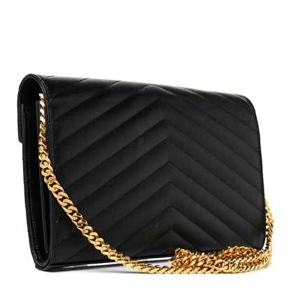 Saint Laurent Grain De Poudre Matelasse Chevron Monogram Chain Wallet Black 3 of 19