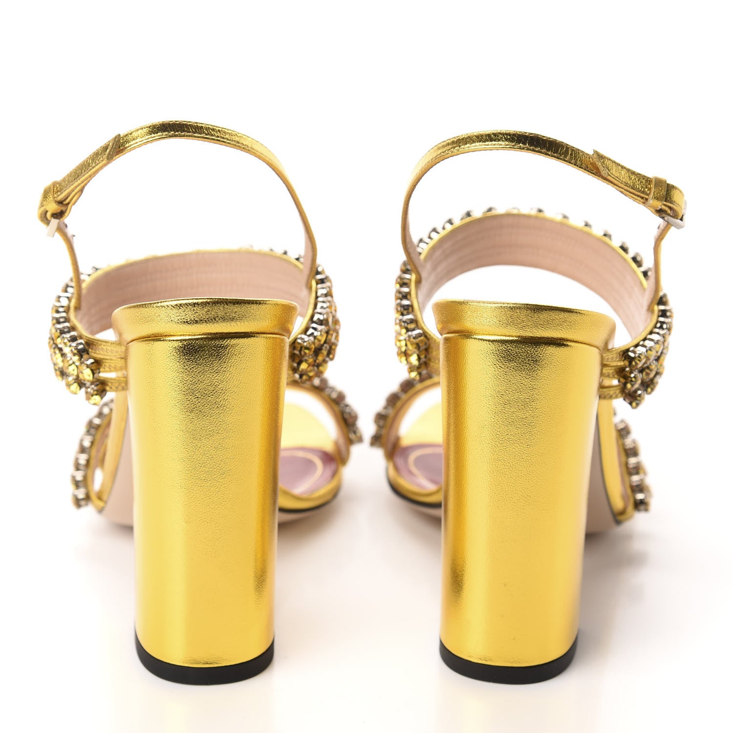 Gucci Nappa Silk Crystal Bertie High Heel Sandals 37.5 Gold 5 of 9