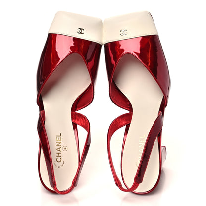 Chanel Lambskin Laminated Calfskin Cap Toe CC Slingback Pumps 40 Red Ivory 2 of 9