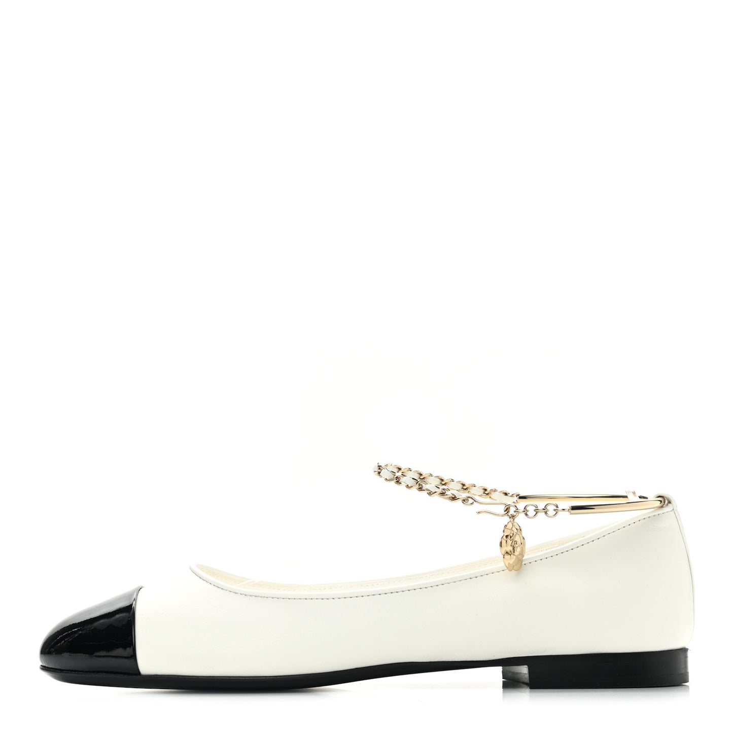 Lambskin Patent Calfskin Cap Toe Ankle Chain Ballerina Flats 39 White Black