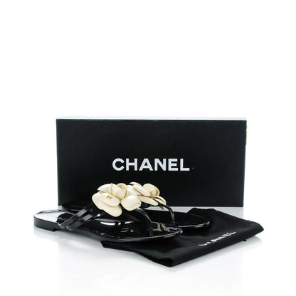 Chanel Jelly Camellia Thong Sandals 38 Black Ivory 16 of 16