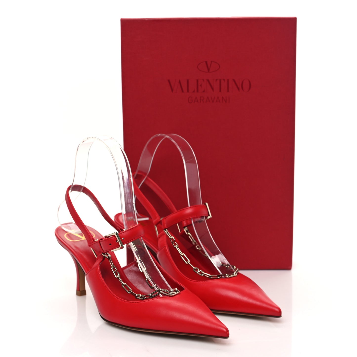 Smooth Calfskin Chain Slingback Pumps 36.5 Red