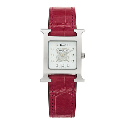 Hermes Stainless Steel Alligator Diamond Mother of Pearl 21mm Heure H Hour Quartz Watch Braise 1 of 5
