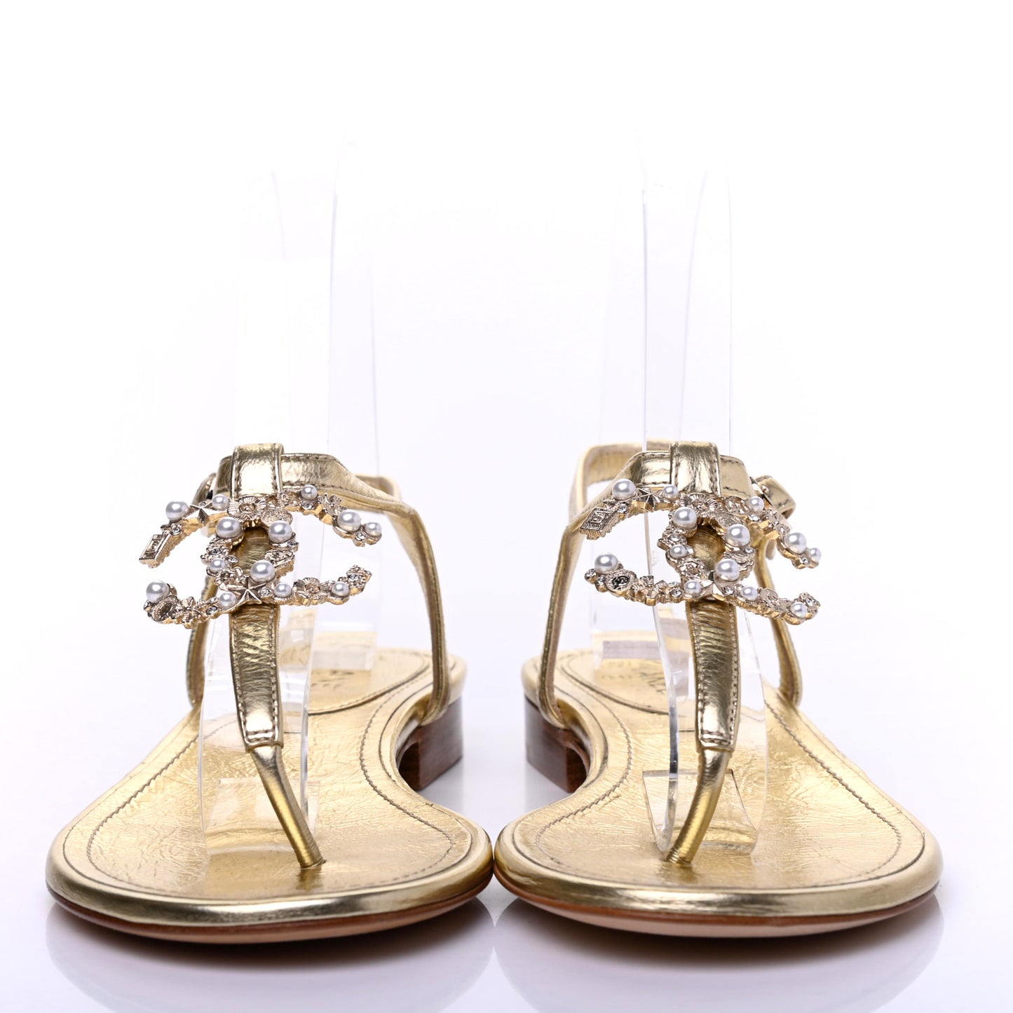 Aged Metallic Calfskin Pearl Crystal CC Charm Thong Sandals 35 Gold