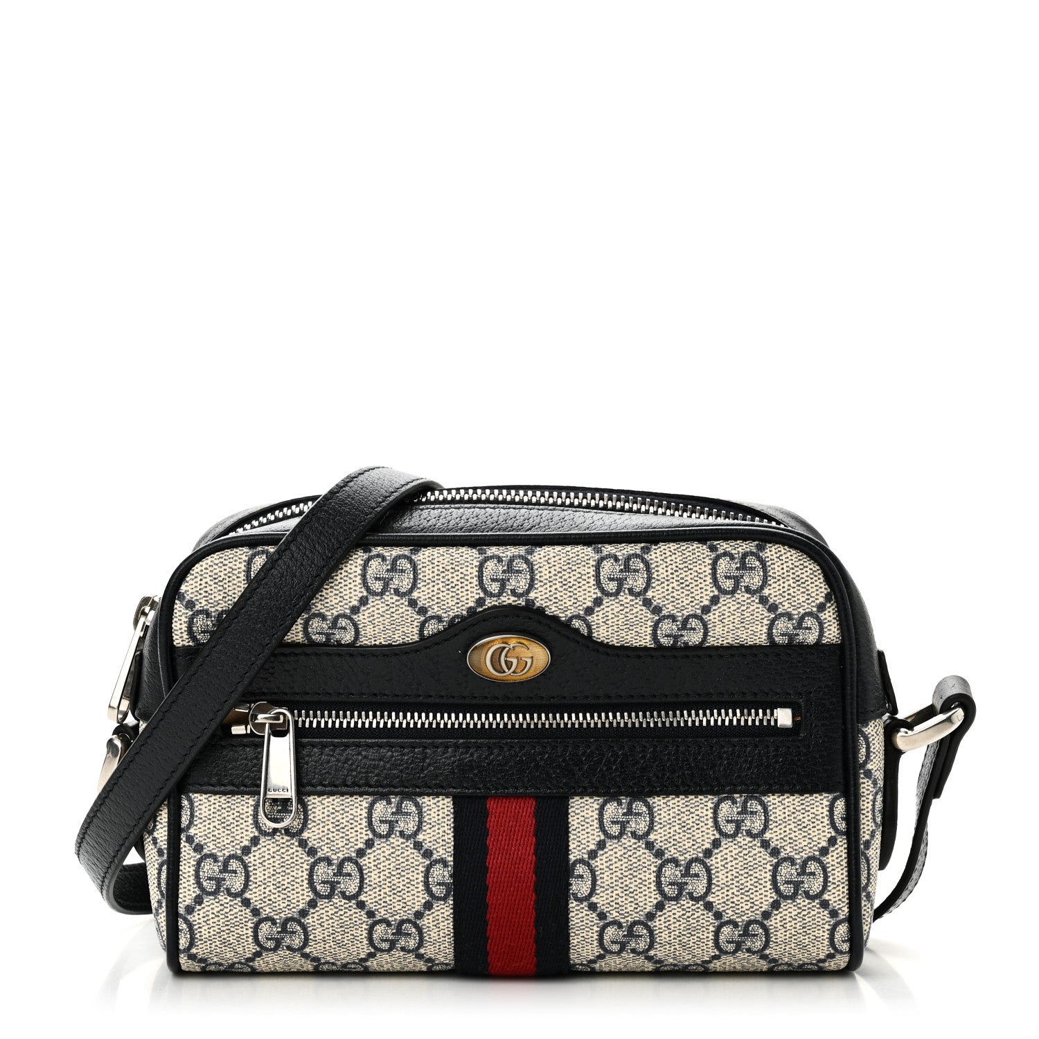 Gucci GG Supreme Monogram Textured Dollar Calfskin Web Mini Ophidia Shoulder Bag Beige Blue 1 of 12