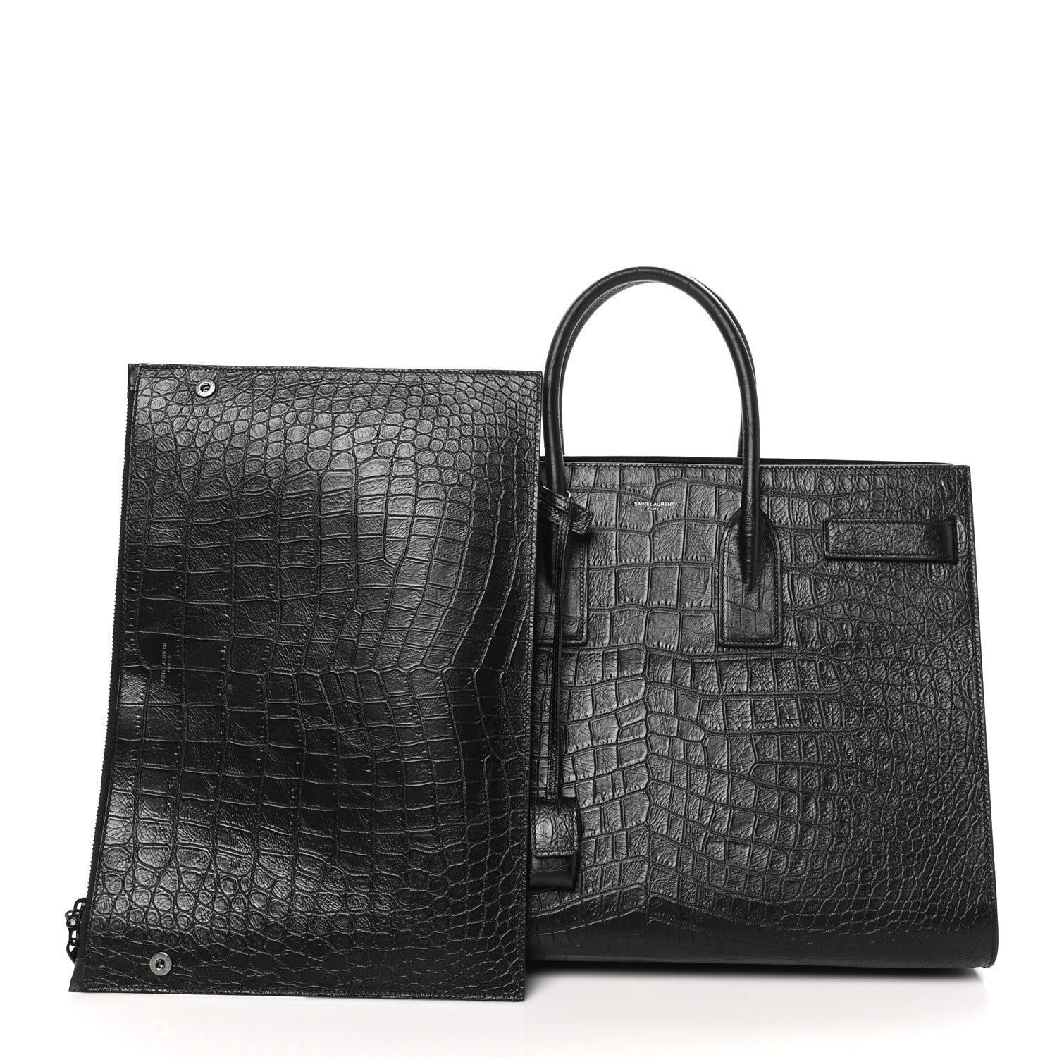 Saint Laurent Calfskin Crocodile Embossed Large Sac De Jour Carryall Black 3 of 10