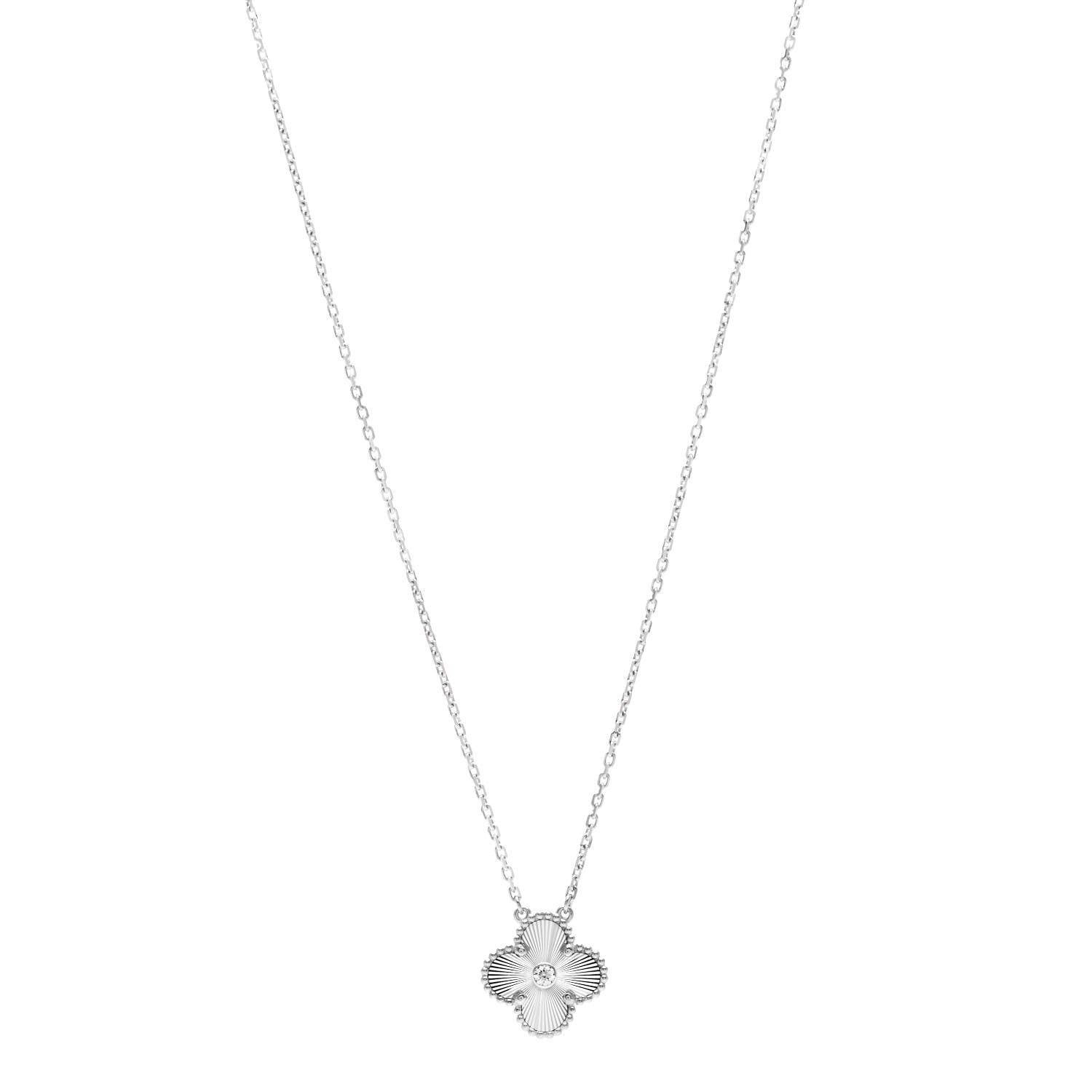 Van Cleef & Arpels 18K White Gold Diamond Guilloche Vintage Alhambra Pendant Necklace 1 of 6