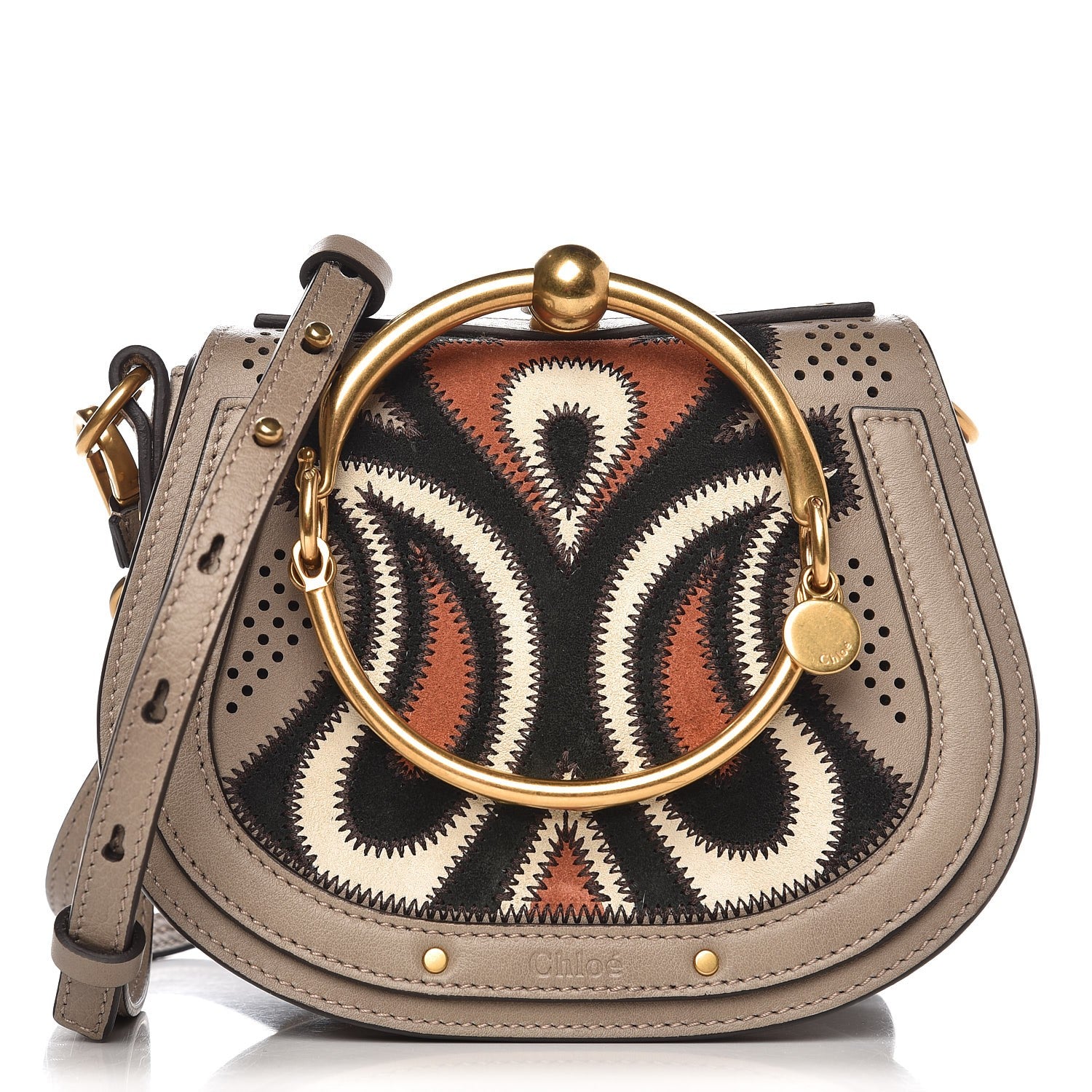 Chloe Calfskin Suede Paisley Patchwork Perforated Small Nile Bracelet Bag Motty Grey 1 of 8