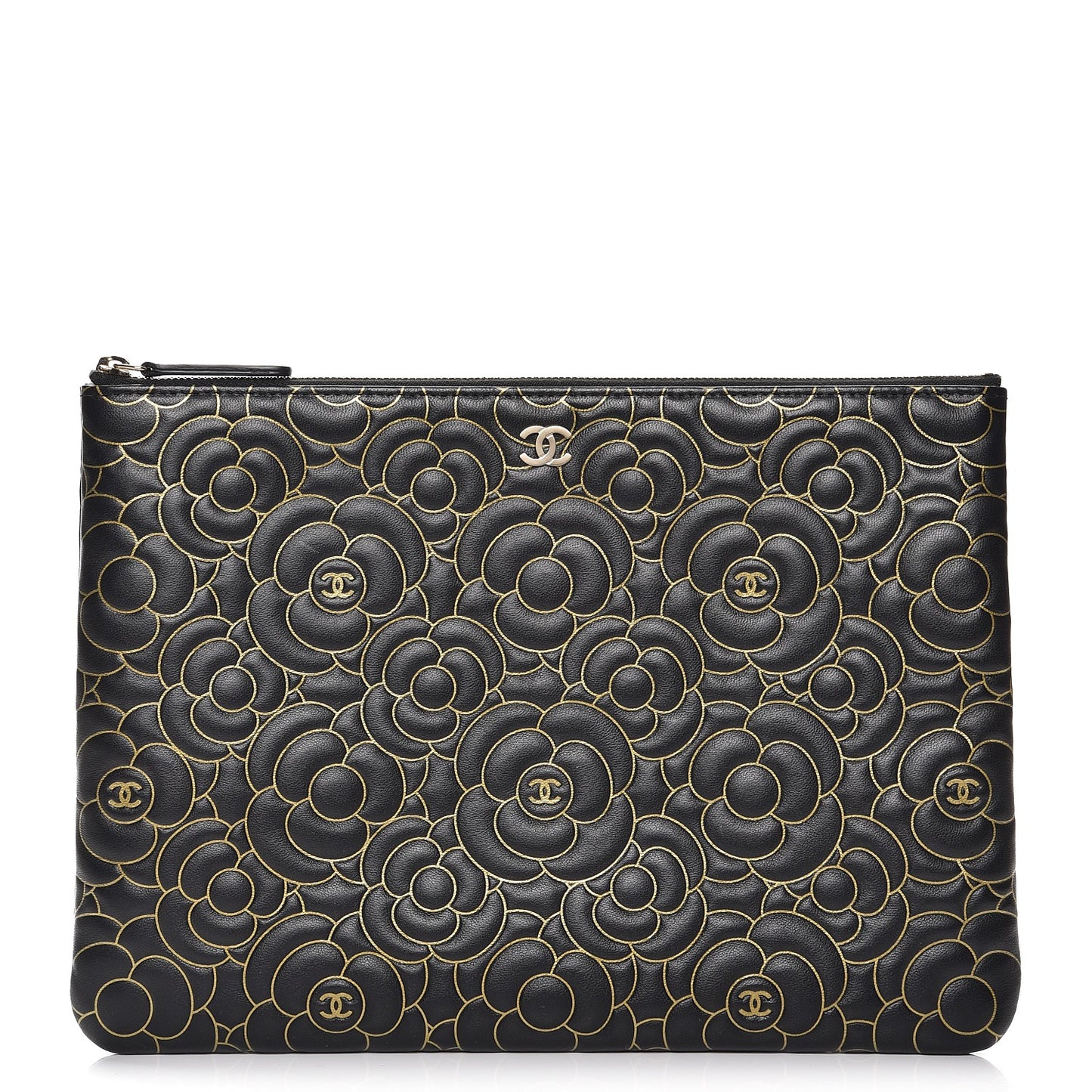 Lambskin Camellia Embossed Medium Cosmetic Case Black Gold