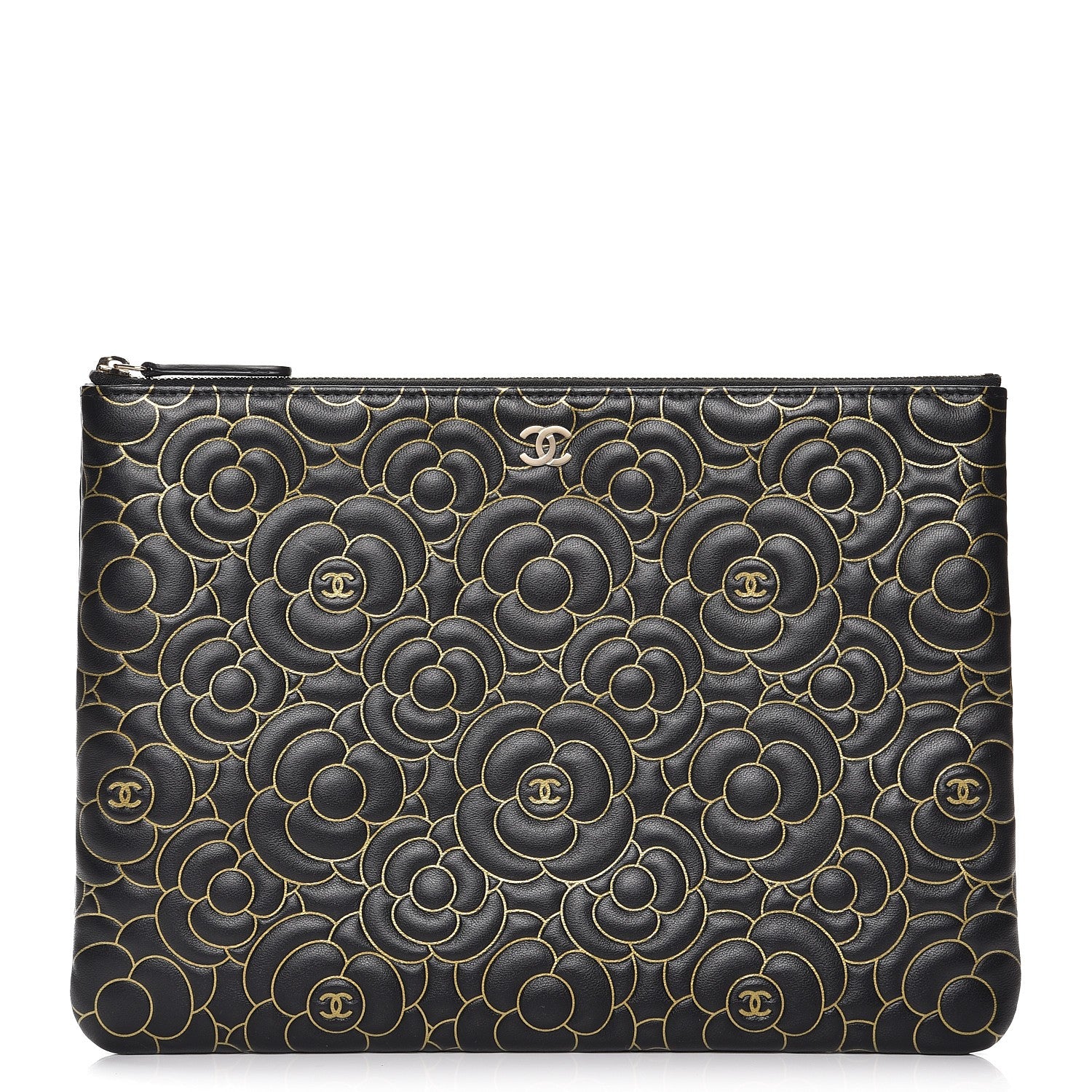 Chanel Lambskin Camellia Embossed Medium Cosmetic Case Black Gold 1 of 8