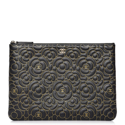 Chanel Lambskin Camellia Embossed Medium Cosmetic Case Black Gold 1 of 8