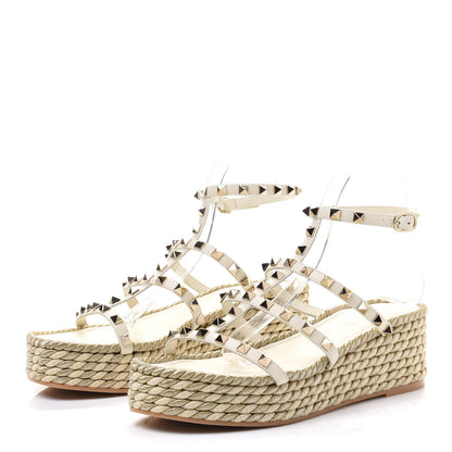 Valentino Garavani Calfskin Rockstud Ankle Strap Torchon Espadrille Caged 30/55mm Sandals 41 Light Ivory 3 of 9