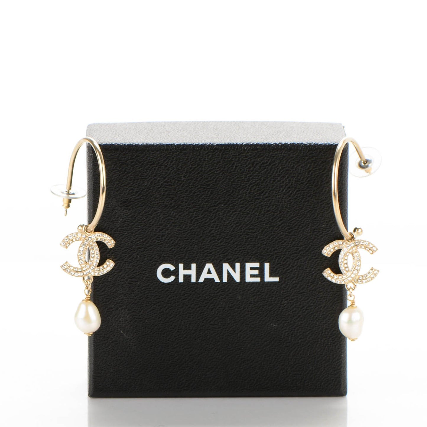 Crystal Pearl CC Hoop Earrings Gold