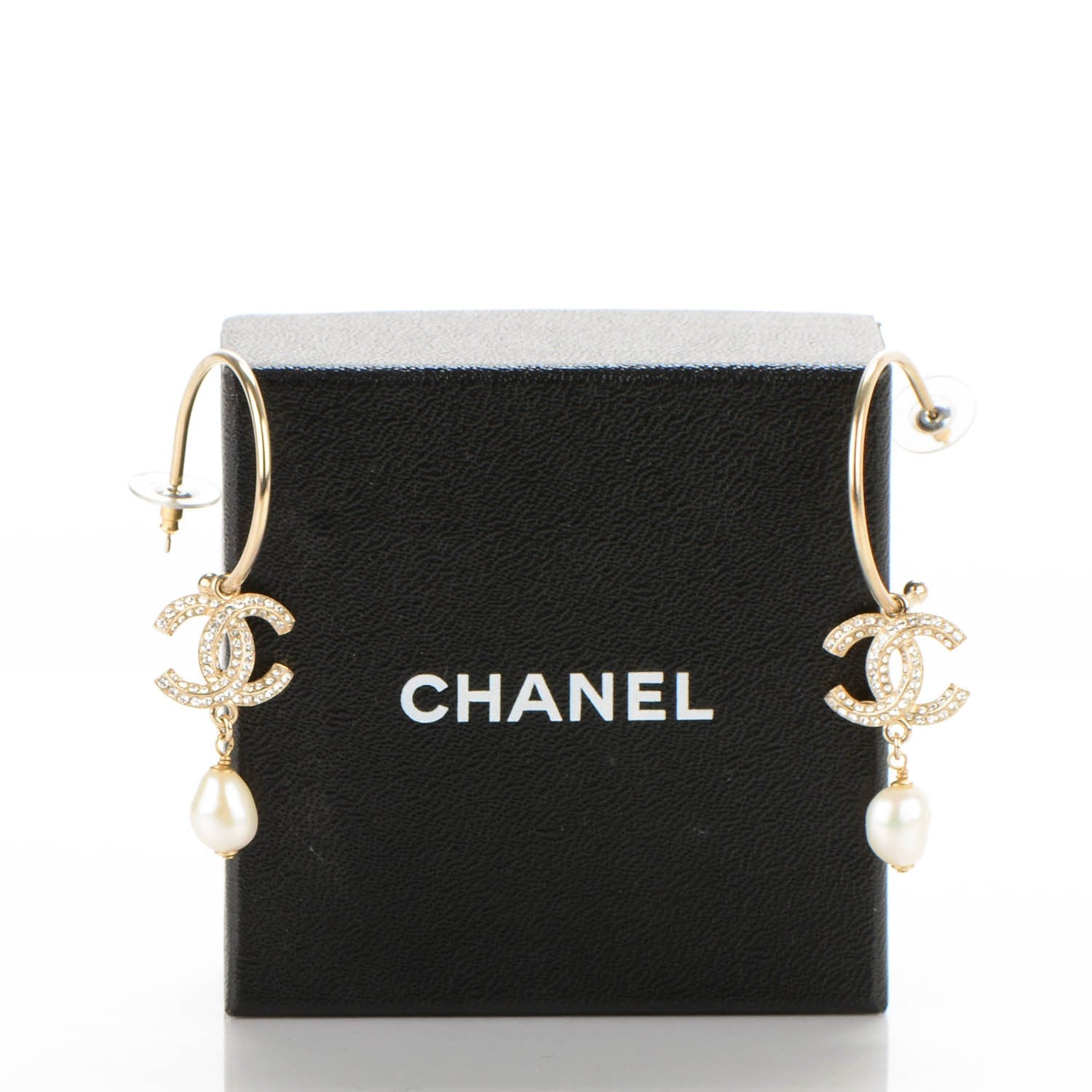 Chanel Crystal Pearl CC Hoop Earrings Gold 4 of 4