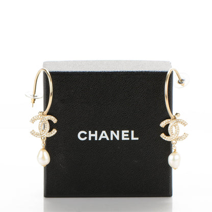 Chanel Crystal Pearl CC Hoop Earrings Gold 4 of 4