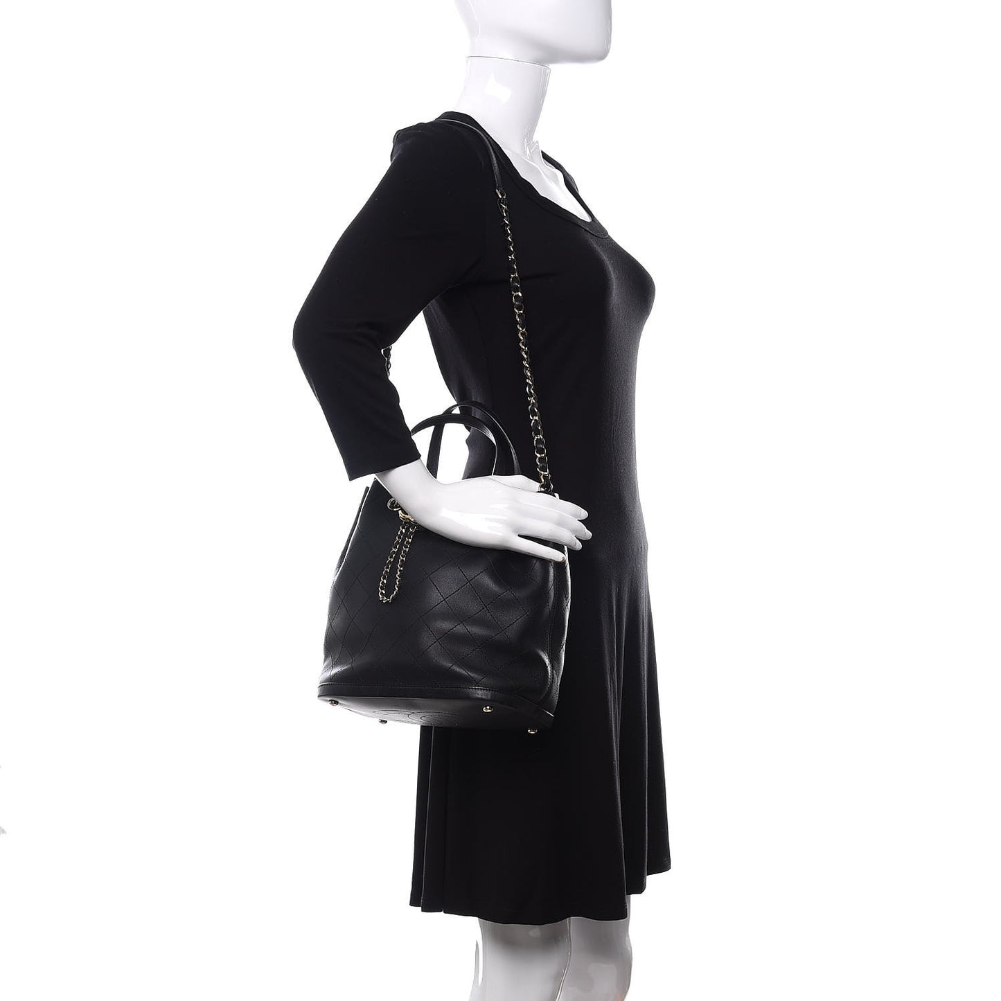 Calfskin Stitched Chain Top Handle Bucket Bag Black