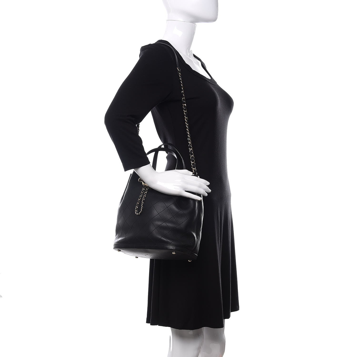 Chanel Calfskin Stitched Chain Top Handle Bucket Bag Black 2 of 11