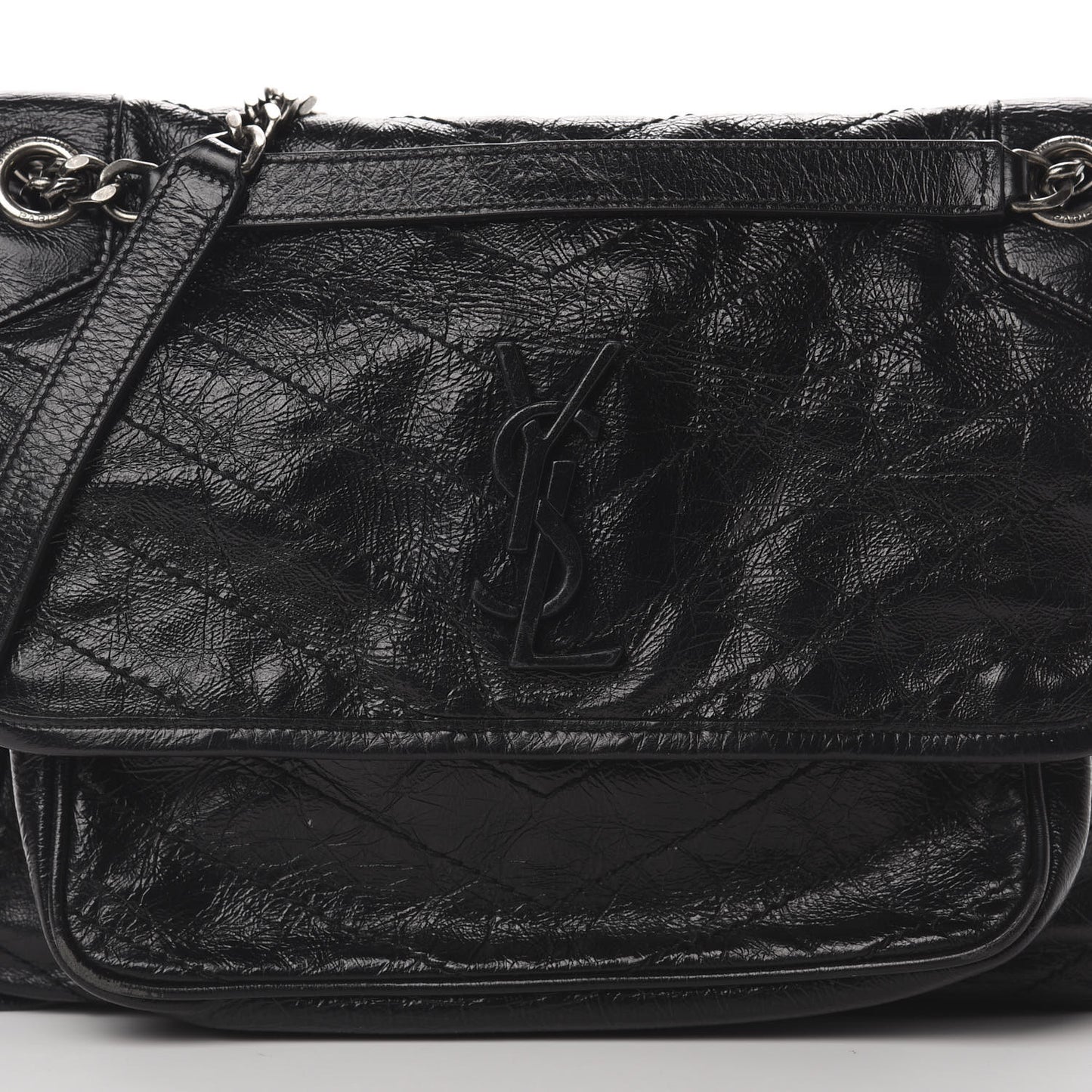 Crinkled Calfskin Matelasse Monogram Medium Niki Chain Satchel Black