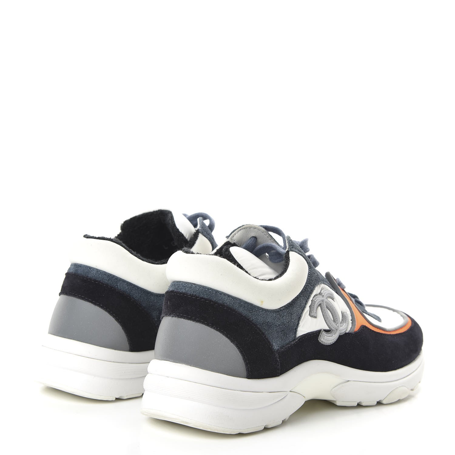 Chanel Nylon Calfskin Suede CC Womens Sneakers 36 Navy White Orange 4 of 10