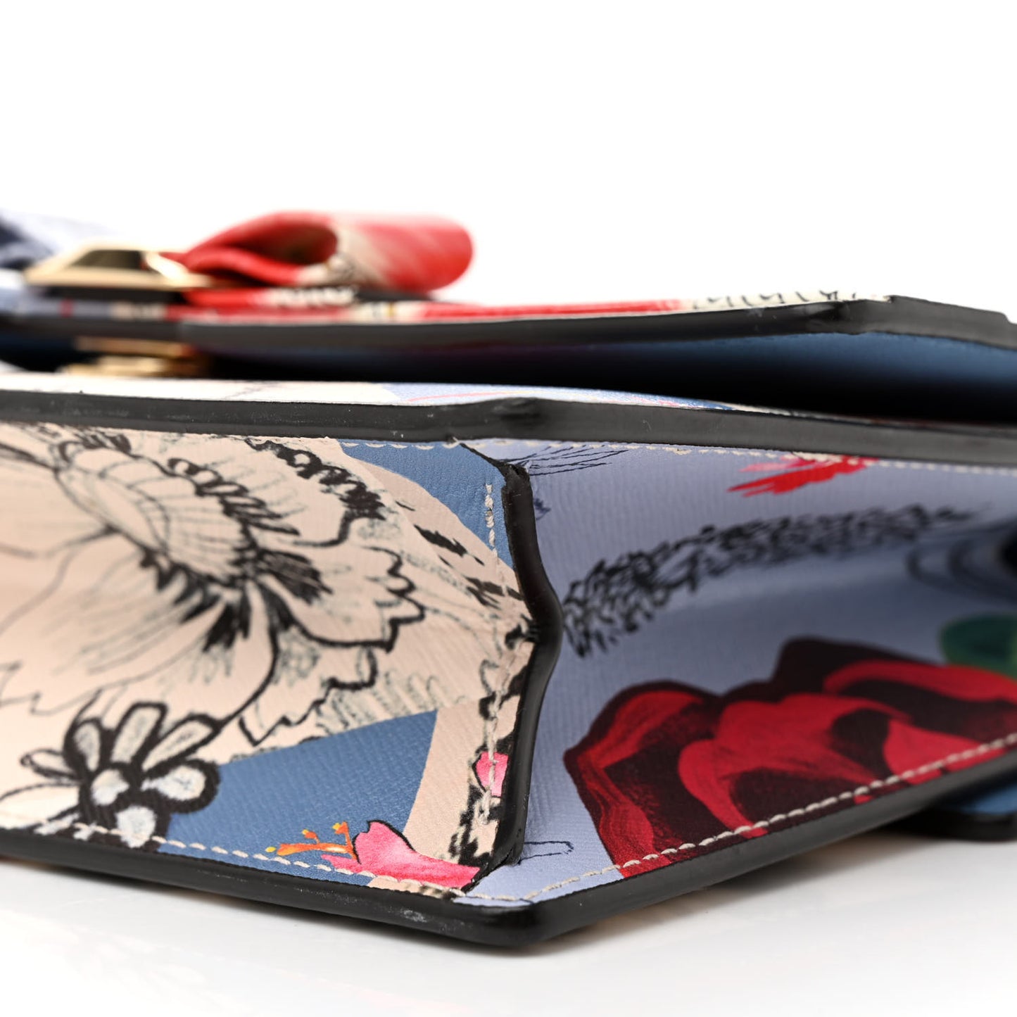 Calfskin Floral Print Vara Bow Chain Flap Crossbody Chambray Multicolor