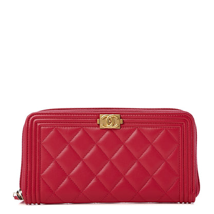Chanel Lambskin Quilted Boy Zip Around Wallet Dark Pink 1 of 7
