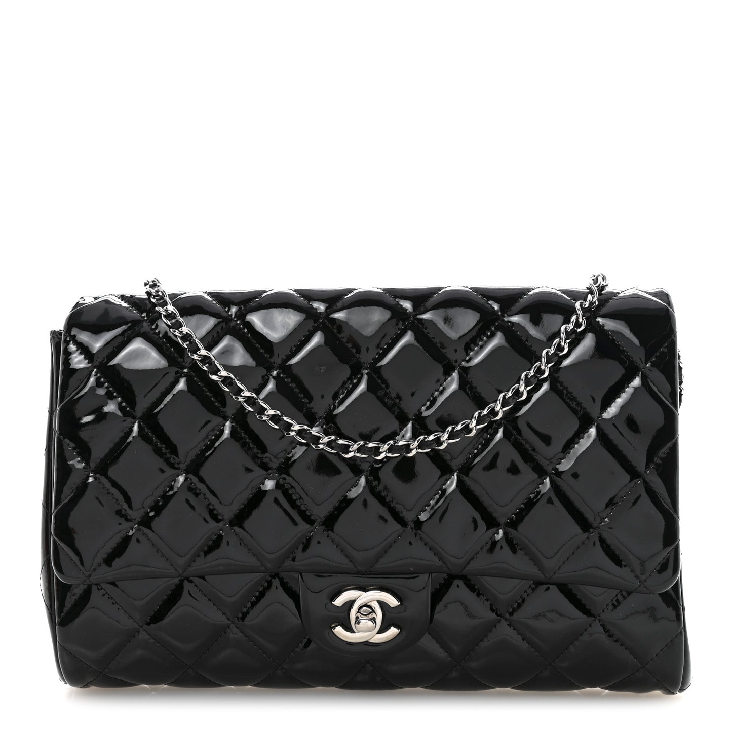 Patent Quilted Clutch with Chain Flap Black
