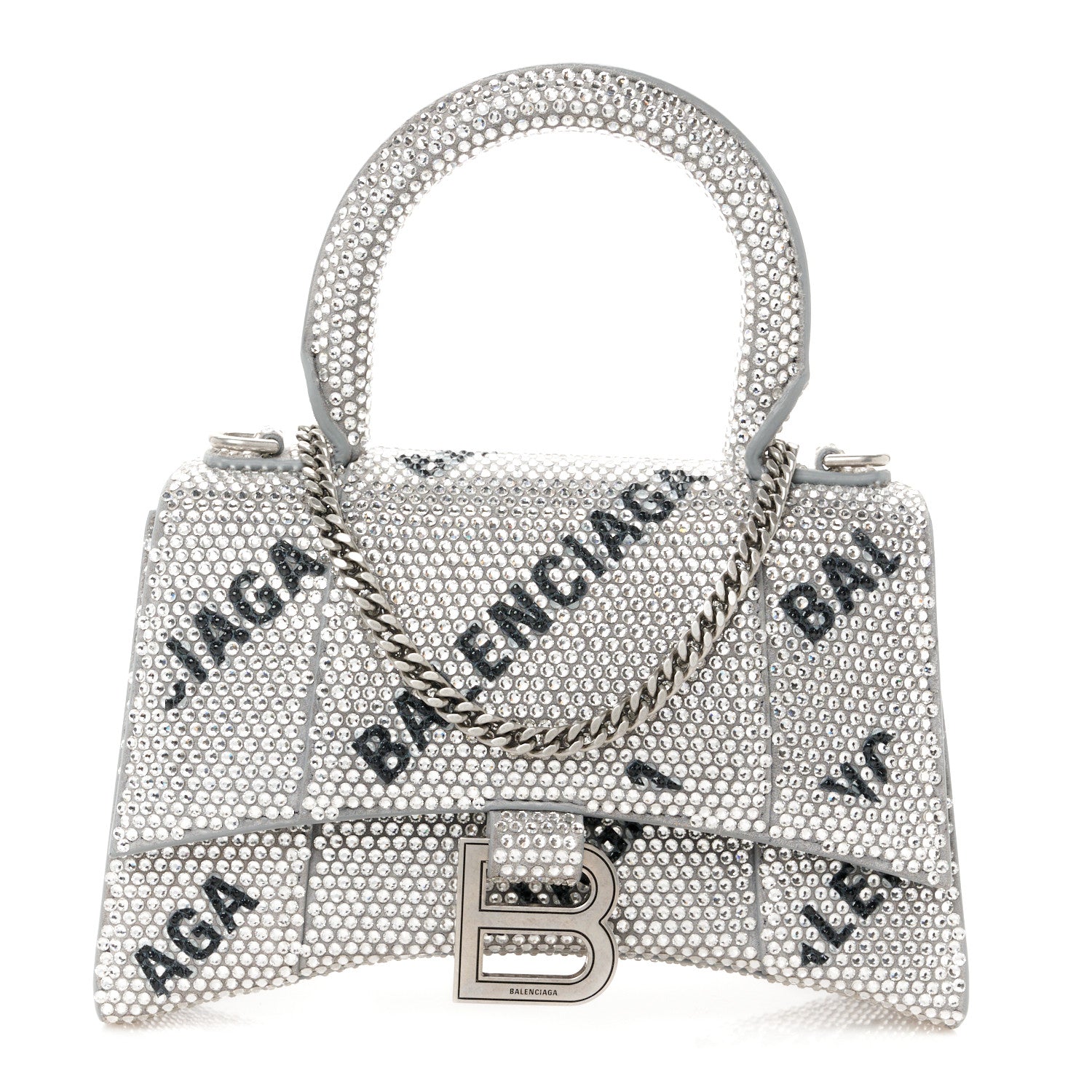 Balenciaga Strass Suede Allover Logo Hourglass Top Handle Bag XS with Chain Silver Black 1 of 11