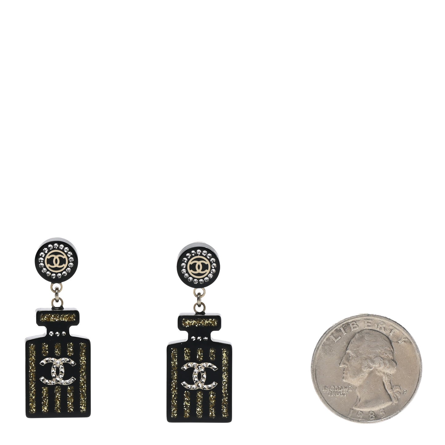 Resin Strass Perfume Bottle CC Earrings Black Gold