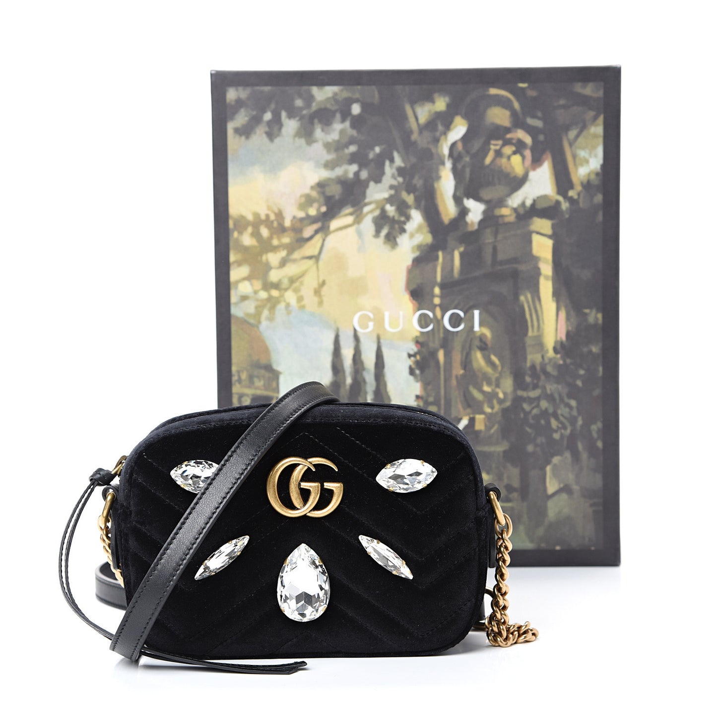 Velvet Matelasse Marquise Crystals Mini GG Marmont Chain Shoulder Bag Black