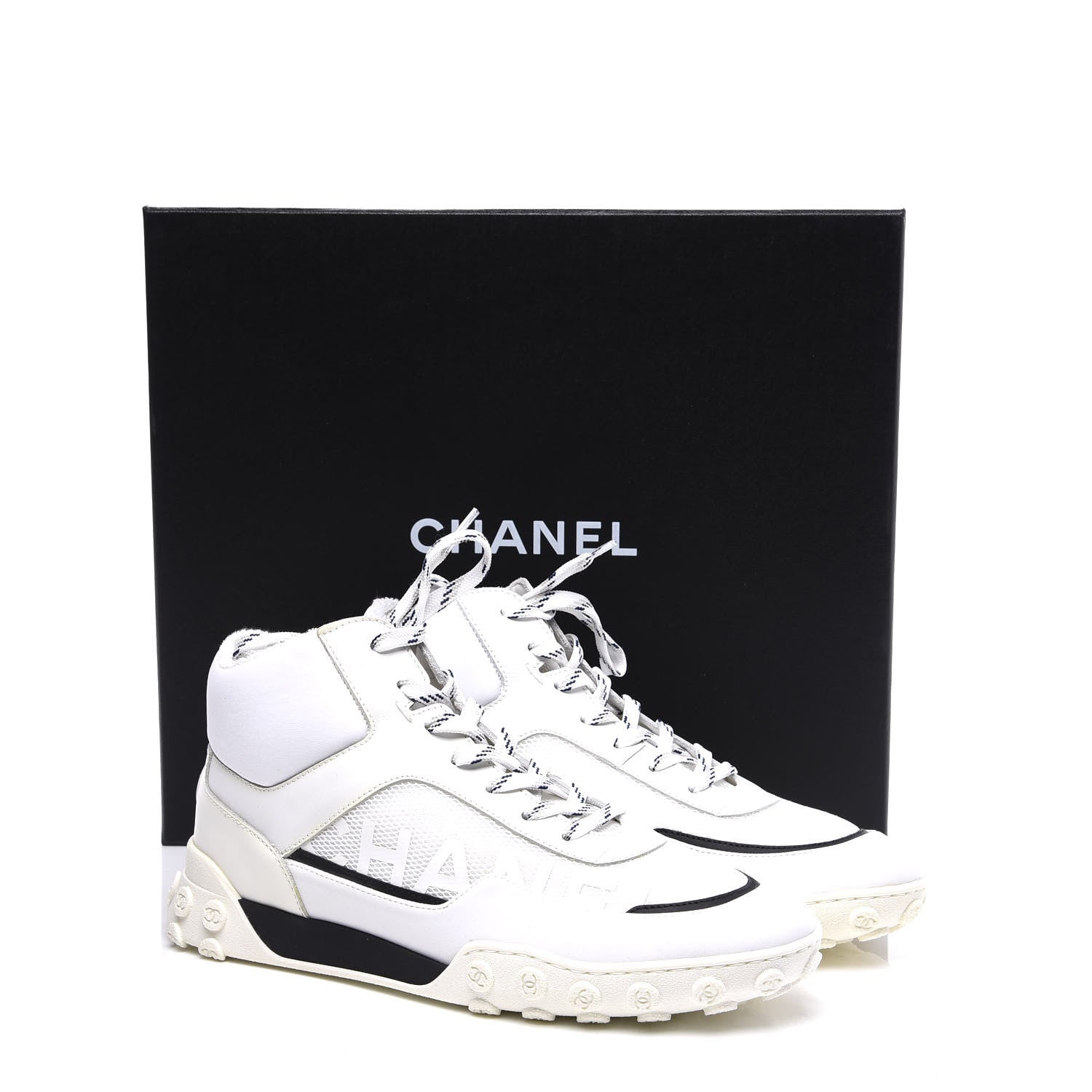 Chanel Calfskin Mesh Lycra Womens Logo High Top Sneakers 39 White 11 of 11