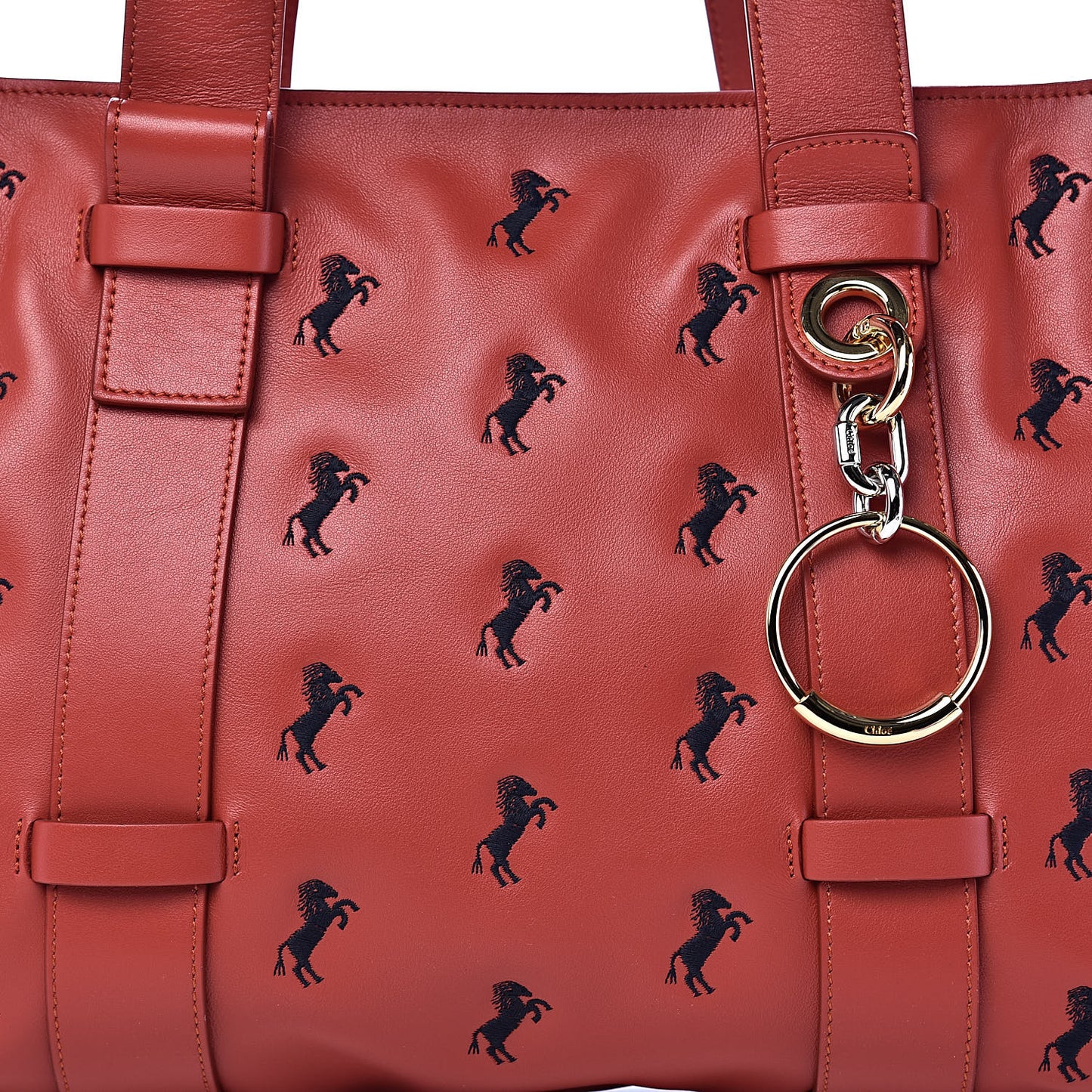 Smooth Calfskin Little Horses Embroidered Tao Zipped Tote Earthy Red