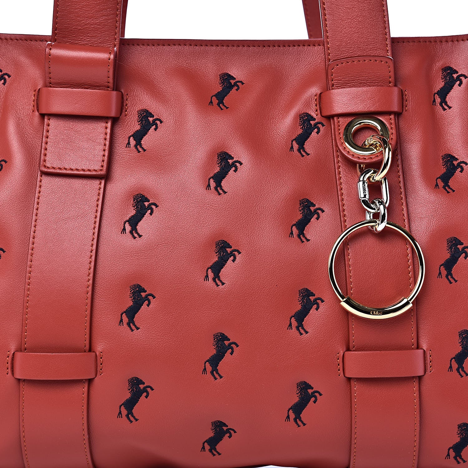 Chloe Smooth Calfskin Little Horses Embroidered Tao Zipped Tote Earthy Red 10 of 10